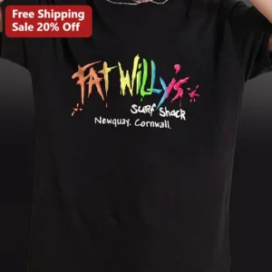 Fat Willy's Surf Shack Newquay Cornwall Tee Retro Graffiti Logo Black T-Shirt available at our Los Angeles warehouse