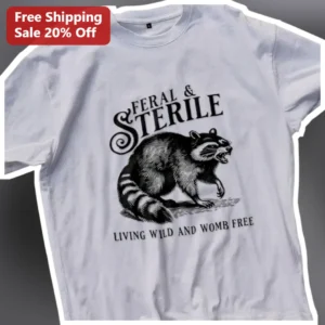 Feral And Sterile Living Wild And Womb Free Raccoon Graphic Tee available at our Los Angeles warehouse