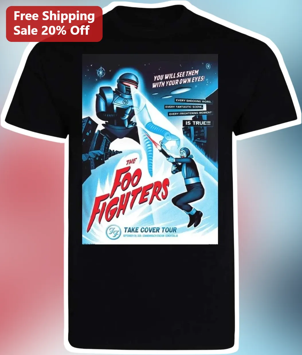Foo Fighters Take Cover Tour Tee Vintage Sci-Fi Robot Graphic Shirt available at our Los Angeles warehouse