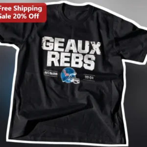 GEAUX REBS Vintage Distressed Football Helmet Graphic Tee Ole Miss Rebels Fan Gift available at our Los Angeles warehouse