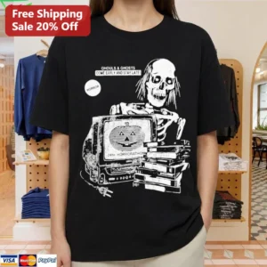Ghouls Ghosts Come Early And Stay Late Tee Retro VHS Horror Movie Halloween Shirt available at our Los Angeles warehouse