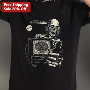 Ghouls Ghosts Come Early Stay Late Retro Horror VHS Skeleton Graphic Tee available at our Los Angeles warehouse