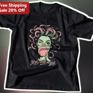 Girls Will Be Girls Medusa Bubblegum Graphic Tee Women Feminist Mythology Shirt available at our Los Angeles warehouse