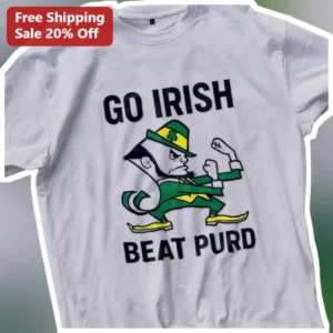 Go Irish Beat Purd Notre Dame Fighting Irish Vintage Leprechaun Mascot Graphic Tee available at our Los Angeles warehouse