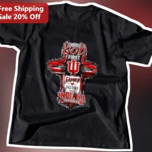 God First Family Second Indiana Hoosiers Tee Christian Faith Distressed Cross Graphic Shirt available at our Los Angeles warehouse