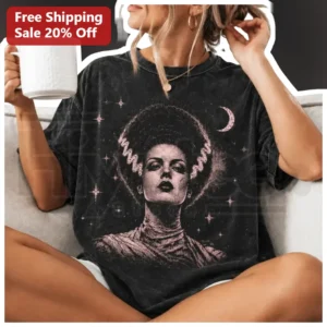 Gothic Celestial Woman Graphic Tee Whimsigoth Crescent Moon Stars Vintage Distressed Portrait Shirt available at our Los Angeles warehouse
