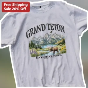 Grand Teton National Park Wyoming USA Vintage Elk Graphic Tee available at our Los Angeles warehouse