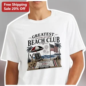 Greatest Country On Earth Beach Club America's 250th Birthday 1776-2026 Tee available at our Los Angeles warehouse