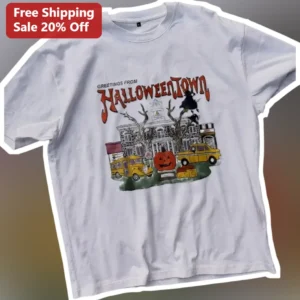 Greetings from Halloween Town Vintage Postcard Graphic Tee Unisex Spooky Season Gift available at our Los Angeles warehouse
