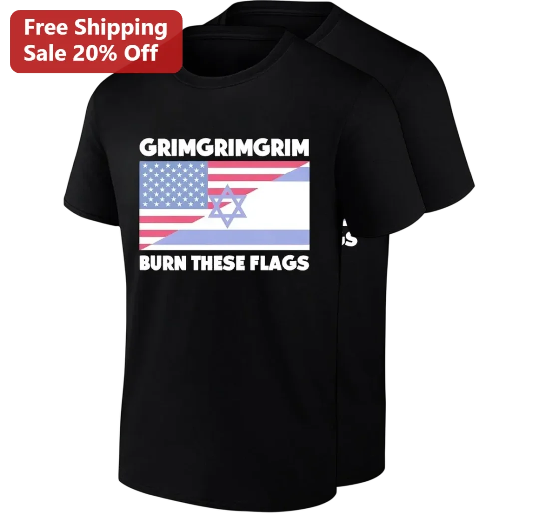 Grimgrimgrim Burn These Flags Tee, USA and Israel Flag Prote — Los Angeles Grimgrimgrim Burn These Flags Tee, USA and Israel Flag Protest Shirt, Anti-War Activist Graphic Tee available at our Los Angeles warehouse