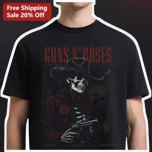 Guns N' Roses Vintage Skeleton Cowboy Graphic Tee Rock Band Merch Gift available at our Los Angeles warehouse