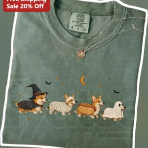 Halloween Costume Corgi Dogs Graphic Tee Cute Witch Mummy Hotdog Ghost Shirt for Dog Lovers available at our Los Angeles warehouse