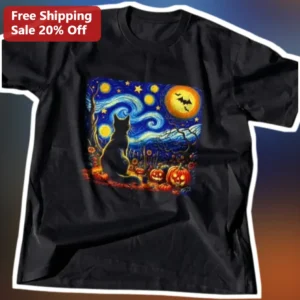 Halloween Starry Night Cat Art Tee Van Gogh Style Pumpkin Patch Graphic Shirt for Cat Lovers available at our Los Angeles warehouse