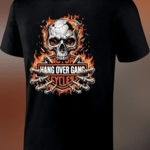Hang Over Gang Tee Biker Skull Flame Graphic T-Shirt for Men Motorcycle Enthusiasts available at our Los Angeles warehouse