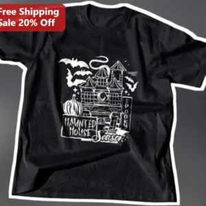Haunted House Season Spooky Tee Halloween Horror Vintage Sketch Graphic Shirt for Women Men available at our Los Angeles warehouse