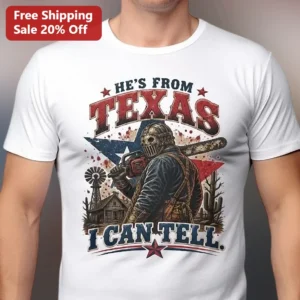 He's From Texas I Can Tell Leatherface Horror Movie Graphic Tee available at our Los Angeles warehouse