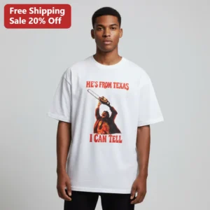 He's From Texas I Can Tell Leatherface Tee, Texas Chainsaw Massacre Horror Movie Shirt, Scary Hallow available at our Los Angeles warehouse