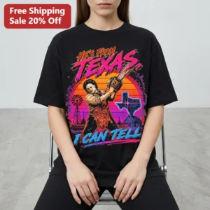 He's From Texas I Can Tell Tee Retro 80s Leatherface Horror Movie Graphic Shirt available at our Los Angeles warehouse