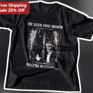 He Sees You When You're Sleeping Michael Myers Christmas Horror Graphic Tee available at our Los Angeles warehouse