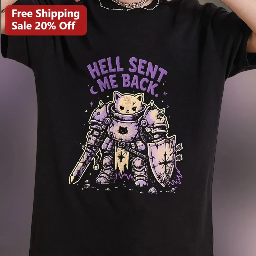 Hell Sent Me Back Cat Knight Armor Graphic Tee Dark Humor Go — Los Angeles Hell Sent Me Back Cat Knight Armor Graphic Tee Dark Humor Gothic Halloween Gift available at our Los Angeles warehouse