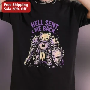Hell Sent Me Back Cat Knight Armor Graphic Tee Dark Humor Gothic Halloween Gift available at our Los Angeles warehouse