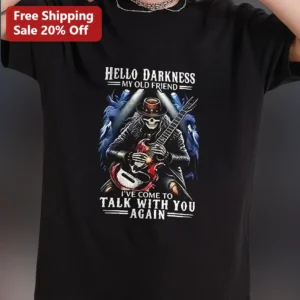 Hello Darkness My Old Friend Tee Simon and Garfunkel Lyrics Skeleton Guitarist Gothic Rock Graphic S available at our Los Angeles warehouse