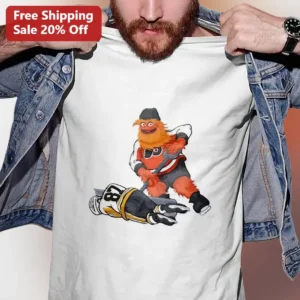 Hockey Mascot Checking Player Graphic Tee Funny Sports Cartoon Shirt for Kids and Hockey Fans available at our Los Angeles warehouse