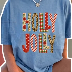 Holly Jolly Tee Women Christmas Graphic Shirt Funny Festive Holiday Party Top available at our Los Angeles warehouse