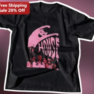 House Horror Movie Witch Hat Graphic Tee Vintage Distressed Black Cotton Shirt available at our Los Angeles warehouse