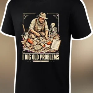 I Dig Old Problems Funny Archaeology Graphic Tee for History Teachers and Anthropologists available at our Los Angeles warehouse