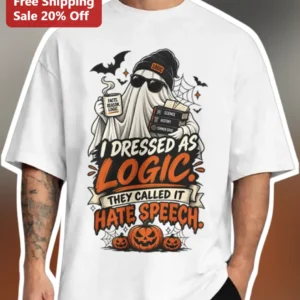 I Dressed As Logic. They Called It Hate Speech. Funny Skeptic Halloween Graphic Tee available at our Los Angeles warehouse