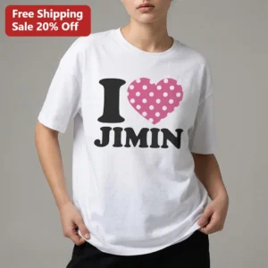 I Heart Jimin Tee BTS K-Pop ARMY Merch Retro Pink Polka Dot Heart Graphic Shirt Fan Gift available at our Los Angeles warehouse