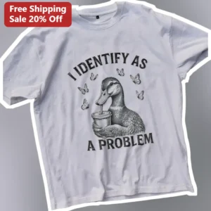 I Identify As A Problem Vintage Engraving Duck Graphic Tee Funny Sarcastic Meme Shirt available at our Los Angeles warehouse