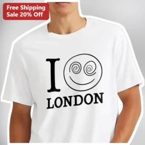 I Love London Retro Smiley Face Graphic Tee Souvenir Shirt for Men Women available at our Los Angeles warehouse