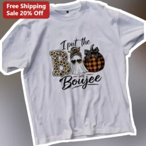 I Put The B In Boujee Funny Slang Graphic Tee For Women Halloween Leopard Print Ghost Pumpkin Shirt available at our Los Angeles warehouse
