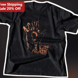 IF I LIVE AGAIN Horror Movie The Thing Quote Distressed Handprint Graphic Tee available at our Los Angeles warehouse