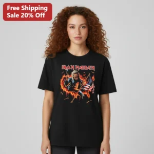 Iron Maiden Tee Eddie the Head American Flag Flames Vintage Heavy Metal Band Shirt Gift for Metalhea available at our Los Angeles warehouse