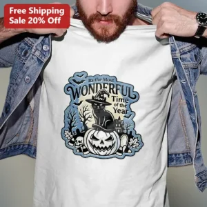 It's the Most Wonderful Time of the Year Halloween Witch Cat Pumpkin Graphic Tee available at our Los Angeles warehouse