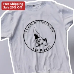 It's Where My Story Began Idaho Vintage Badge Graphic Tee State Pride Souvenir Shirt available at our Los Angeles warehouse
