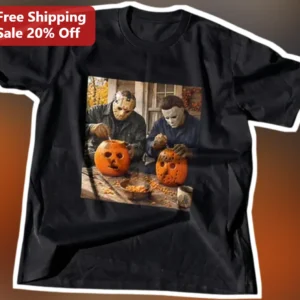 Jason Voorhees Michael Myers Halloween Pumpkin Carving Graphic Tee Horror Slasher Gift available at our Los Angeles warehouse