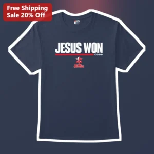 Jesus Won Tee Christian Faith Apparel Ole Miss Rebels FCA Varsity Style Gift available at our Los Angeles warehouse