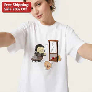 Joe Rogan Tee Podcast Host Guillotine Satirical Cartoon Graphic Shirt Dark Humor Gift available at our Los Angeles warehouse