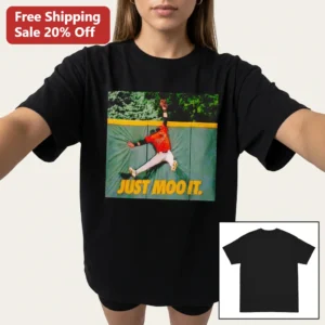 Just Moo It Tee, Funny Baseball Catch Parody Shirt Gift for Baseball Fans and Sports Lovers available at our Los Angeles warehouse