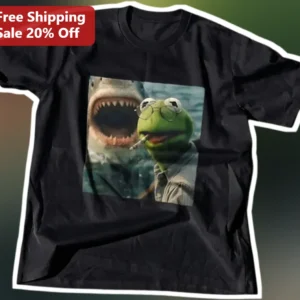 Kermit the Frog Tee Meme Shark Attack Graphic T-Shirt for Men Women available at our Los Angeles warehouse