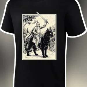 Knight Riding Giant Black Cat Vintage Illustration Tee Medieval Fantasy Art Shirt available at our Los Angeles warehouse