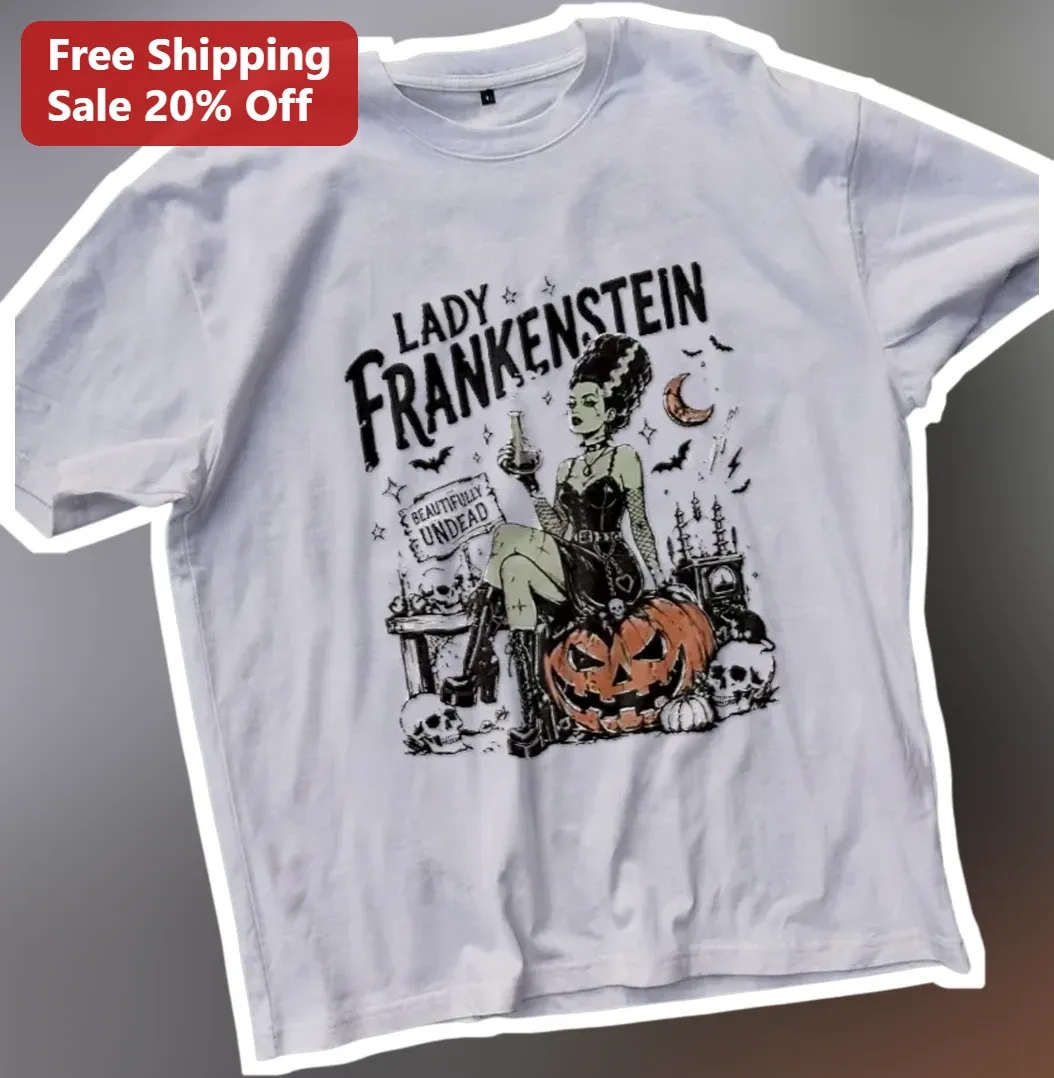 Lady Frankenstein Beautifully Undead Graphic Tee Halloween Vintage Horror Shirt available at our Los Angeles warehouse