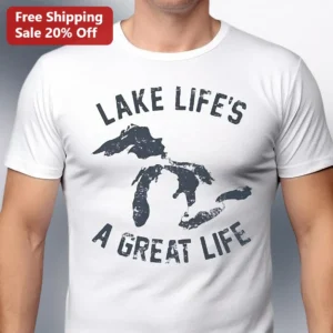 Lake Life's A Great Life Tee Vintage Distressed Great Lakes Map Graphic Shirt for Men Women available at our Los Angeles warehouse