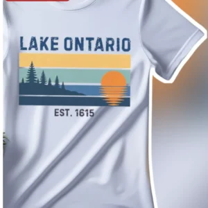 Lake Ontario Est. Vintage Retro Sunset Graphic Tee Great Lakes History Gift available at our Los Angeles warehouse
