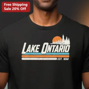 Lake Ontario EST Retro Stripe Tee Great Lakes Vintage Lighthouse Graphic Shirt available at our Los Angeles warehouse