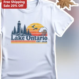 Lake Ontario EST Vintage Lighthouse Sunset Graphic Tee available at our Los Angeles warehouse